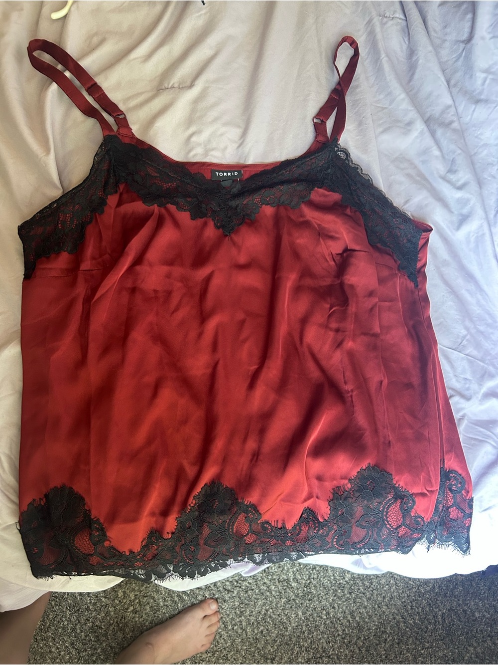 torrid red satin cami with black lace trim